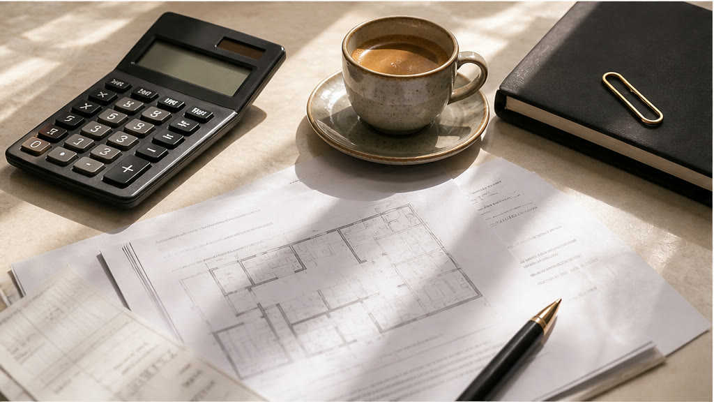 Calculatrice, plan immobilier et documents de budget pour un achat immobilier en Turquie