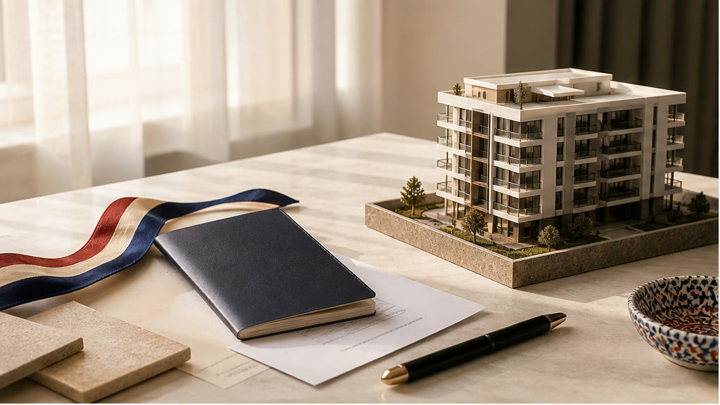 Documents immobiliers, passeport et maquette architecturale pour préparer un achat en Turquie depuis la France